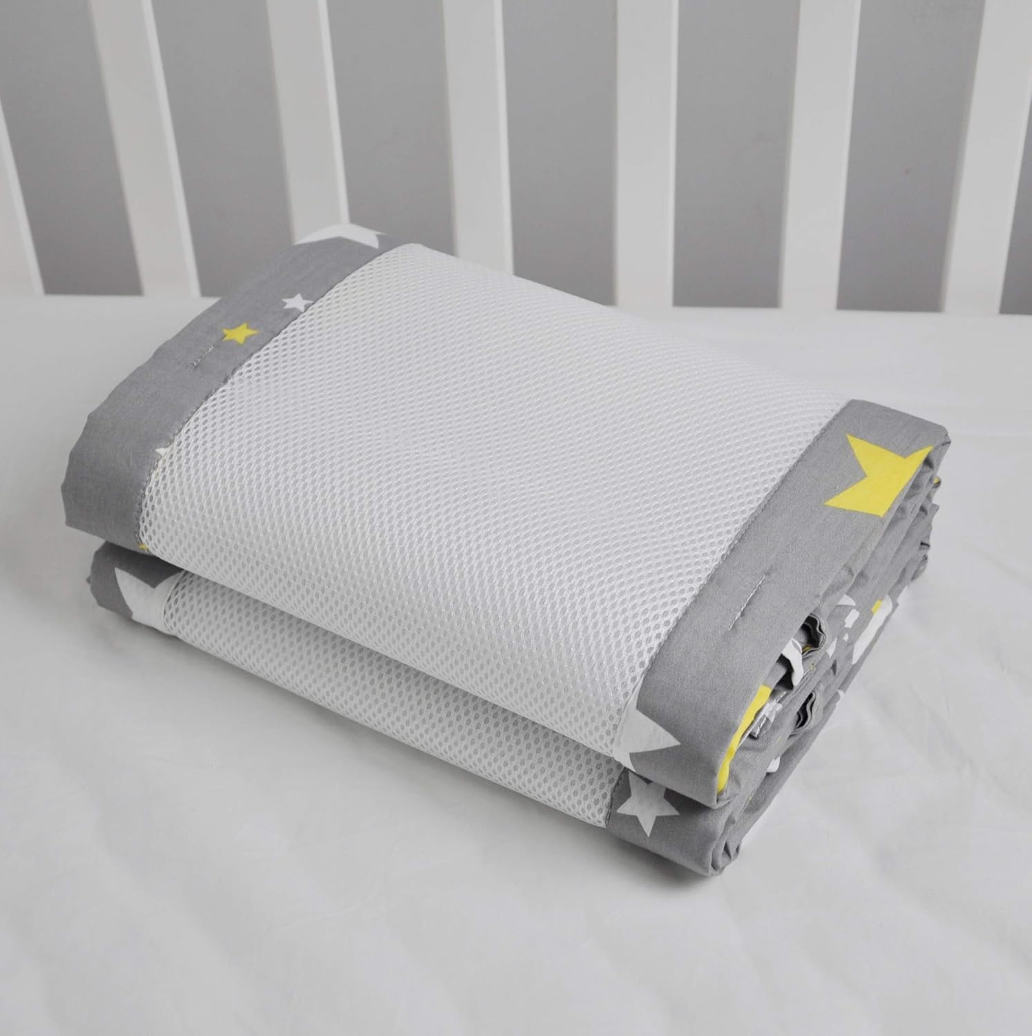 LMMKARE Upgrade Long Ties Mini Mesh Crib Bumpers Breathable for Boys Safe Pads for Standard Baby Crib Liner Classic Grey Stars 52" x 12" x 2pcs : Baby