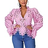 Doweha Women’s Sexy Ruffle Long Sleeve Summer Lace Tops 2025 Puff Flare Shirt V Neck Hollow Out Button Down Tunic Blouses