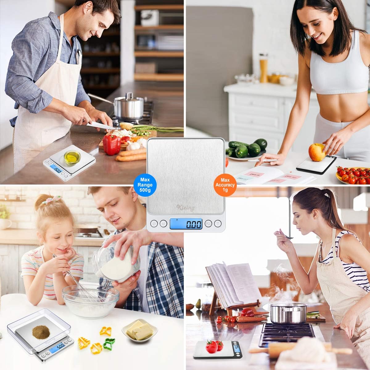 Kizing Digital Kitchen Scale, 500g/0.01g Small Pocket Jewelry Scale, Cooking Food Scale with Backlit LCD Display, Food Scales Digital Weight Gram and Oz, Stainless Steel, Battery Included, Silver: Kitchen & Dining
