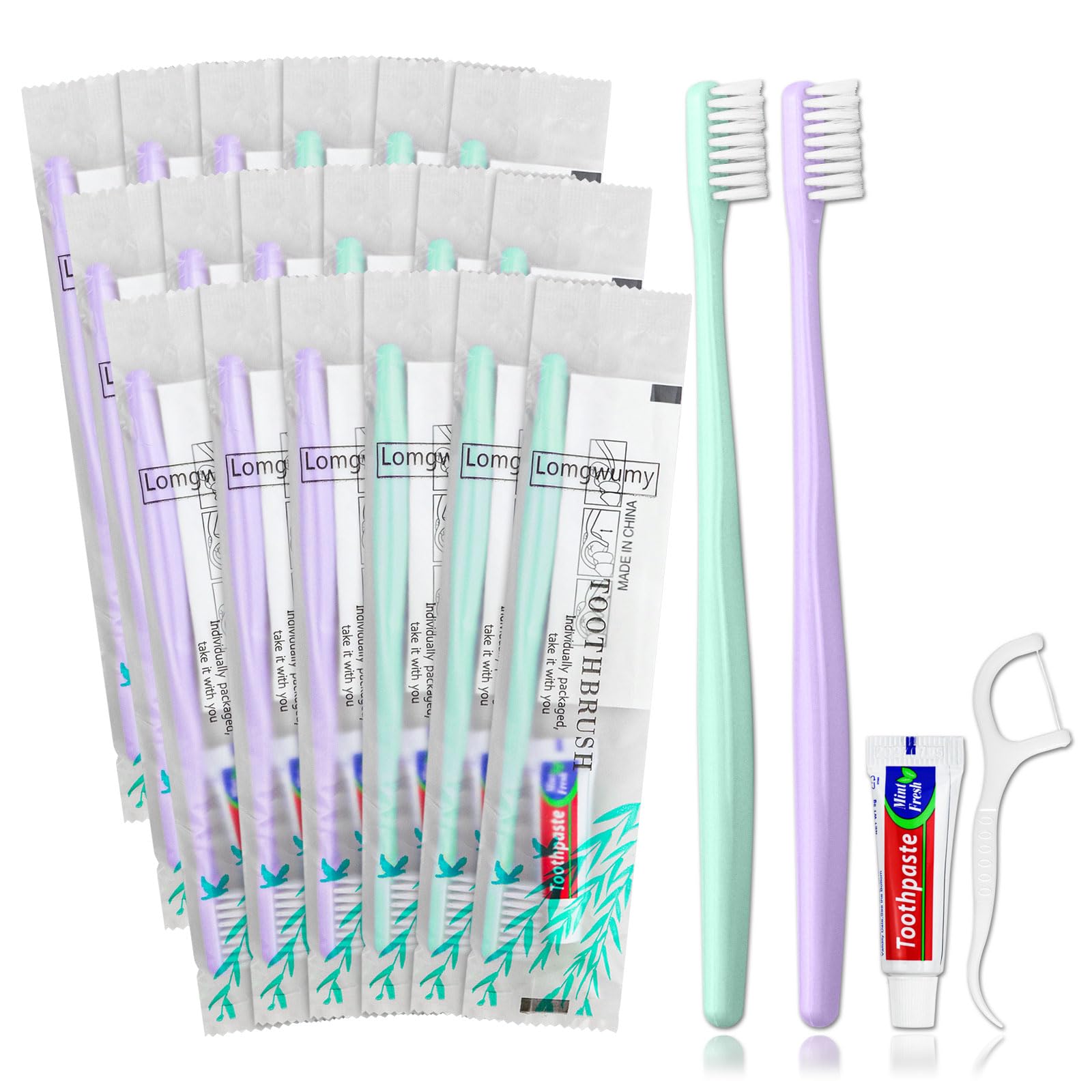 Disposable Toothbrush & Toothpaste Travel Set, Comes with Floss Picks, Individually Packaged, 2 Colors, Suitable for Hotel, Home, Travel (PACK-30)