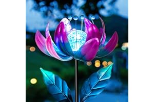 AIINY Solar Purple Metal Flower Wind Spinners, Colorful Spinning Windmill Lotus Yard Art Lights Wind Pinwheels with LED Crystal Ball Decorative Stake Lighting Flower Sculpture