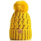 PAGE ONE Womens Winter Ribbed Beanie Crossed Cap Chunky Cable Knit Pompom Soft Warm Hat