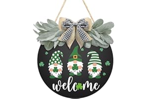 ASOULIN St Patrick's Day Welcome Sign Wreath For Front Door Decor Shamrock Hanging Door Sign Gnomes Pattern With Greenery & Bow Wooden Round St Patricks Day Decoration For The Home Farmhouse Decor 12x12 Inch