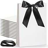 Aliceset 12 Pcs Small Thank You Bridesmaid Gift Bags 10 x 7 x 3.15'' with Die Cut Handles Compact Bags with Bow Ribbon for Wedding Baby Shower Birthday Party Favors(White,Black)
