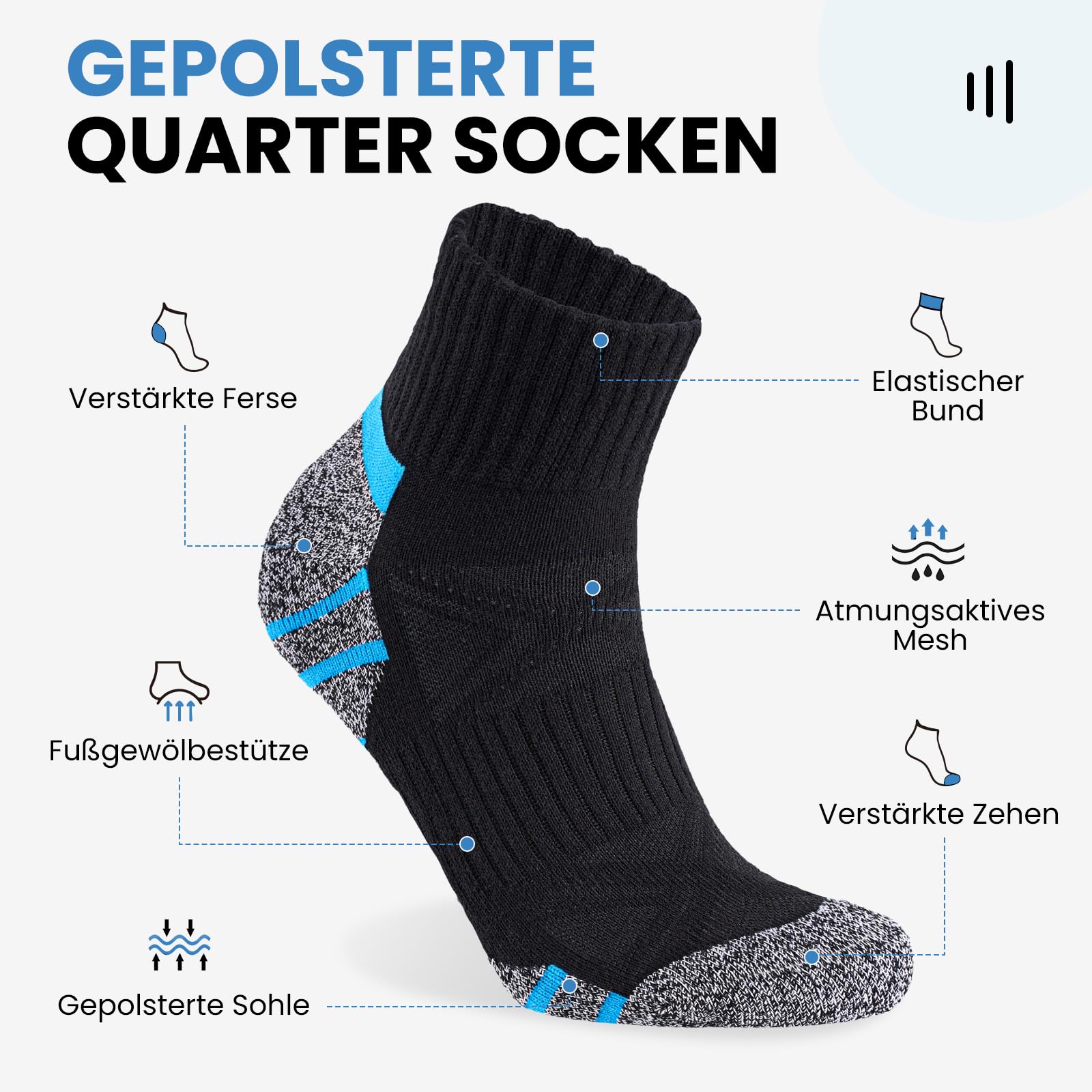 Stoeury Sneaker Socken Herren, Quarter Socken mit Frotteesohle, Atmungsaktive Sportsocken aus Baumwolle mit Nahtlose Zehen, Tennissocken für Laufen Wandern, 6 Paar, Schwarz, 43-46 4