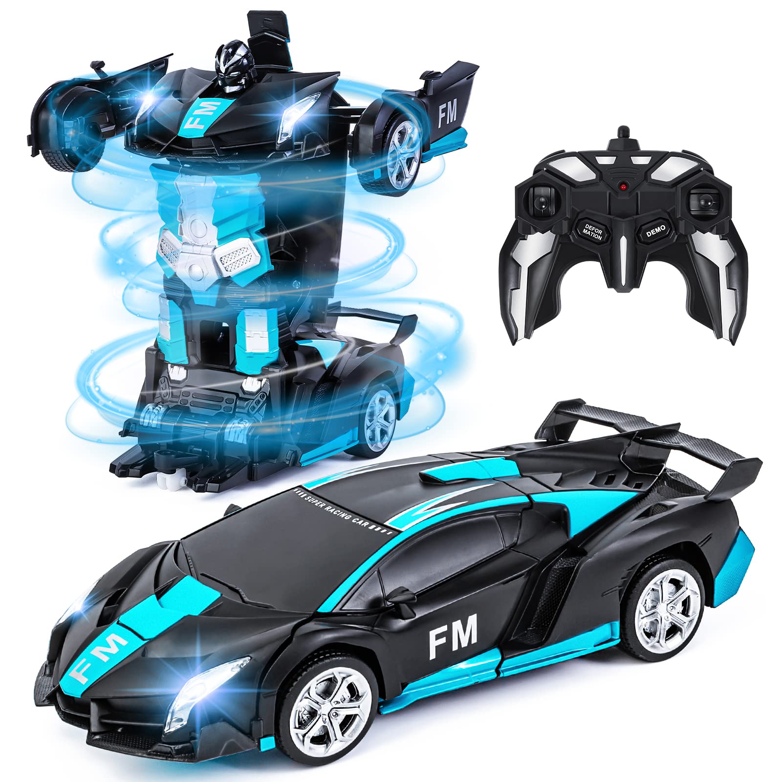 Eutionho 2.4G Remote Control Transforming Car, 2 in 1 Car Toys 360° Rotating Transformer Car Transforming Robot RC Racing Car Vehicle Toy with LED Light for Kids Birthday Children's Day（Blue）