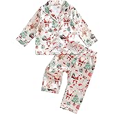 Baby Boy Girl Christmas Silk Pajamas Set Button Down Deer Santa Long Sleeve Shirts Tops and Pants Satin Pj Sets