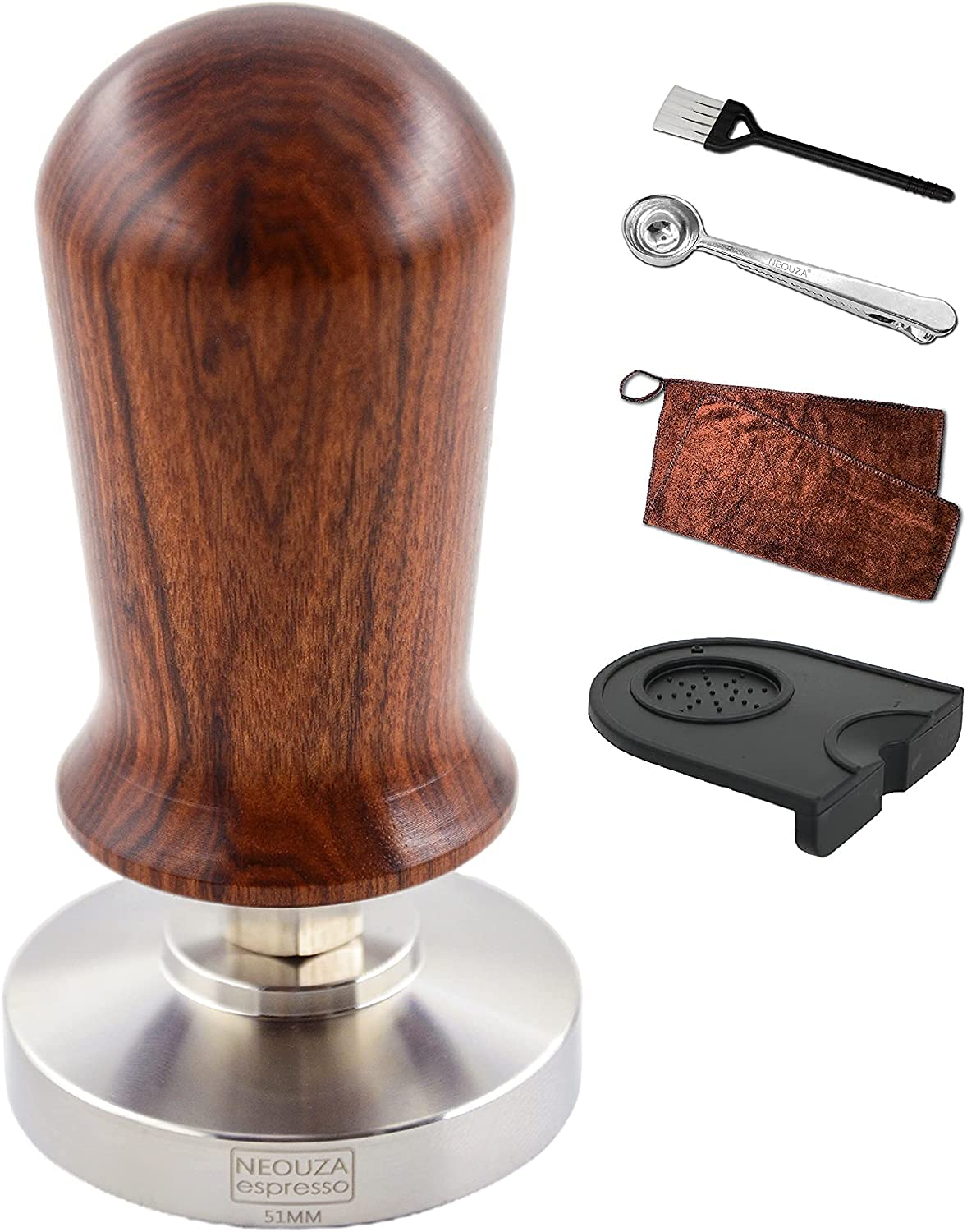 NEOUZA Calibrated Espresso 51mm Coffee Tamper Professional Press Hammer - Compatible with Delonghi Swan Smeg 304 Stainless Steel Flat Base with Spring Loaded Premium Wooden Handle