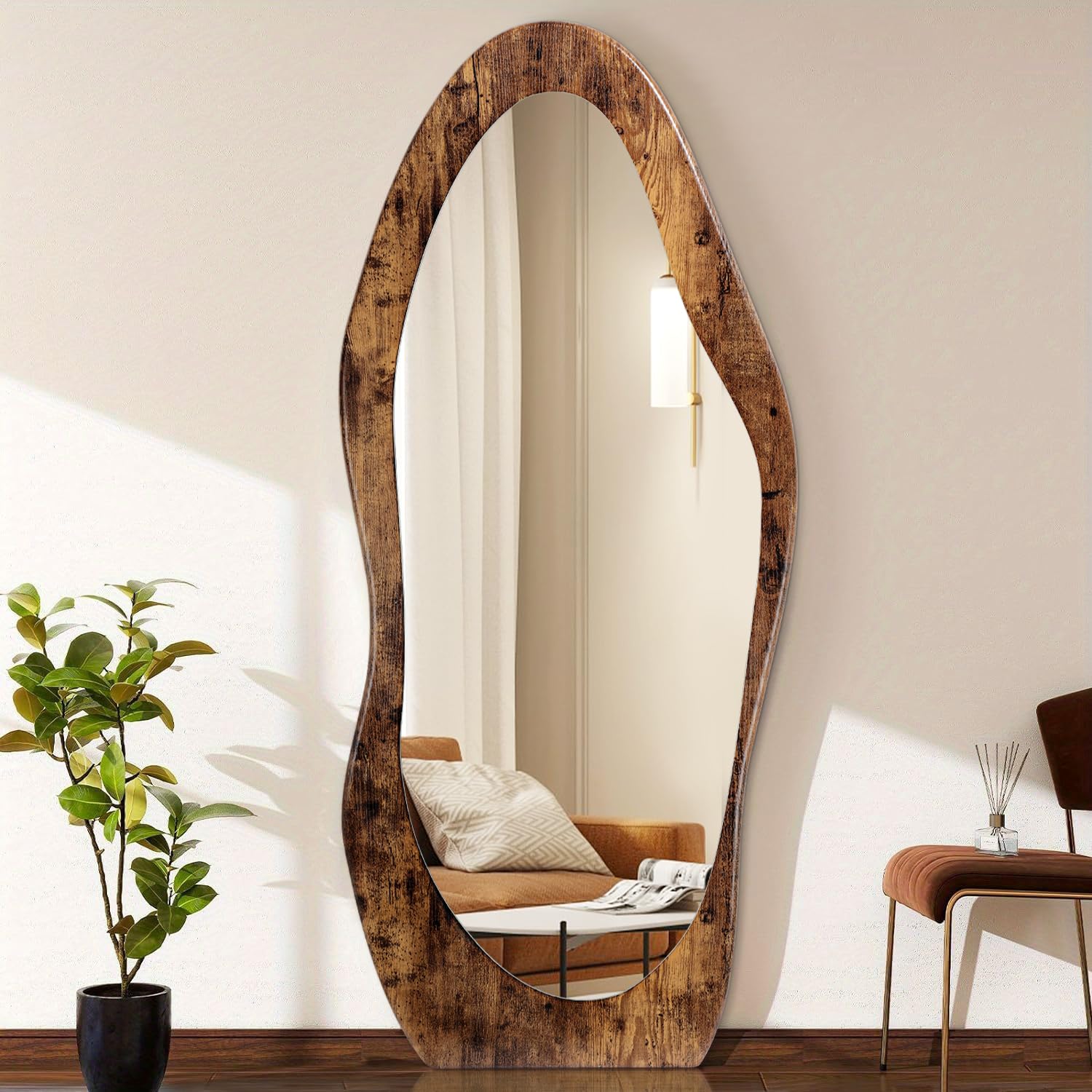 Photo 1 of FEUFOAM Full Length Mirror 59" x 24" Irregular Wall Mirrors Wood Framed Full Body Mirror Hanging or Leaning Against Wavy Floor Mirrors for Living Room Bedroom Entryway Bathroom Retro Brown