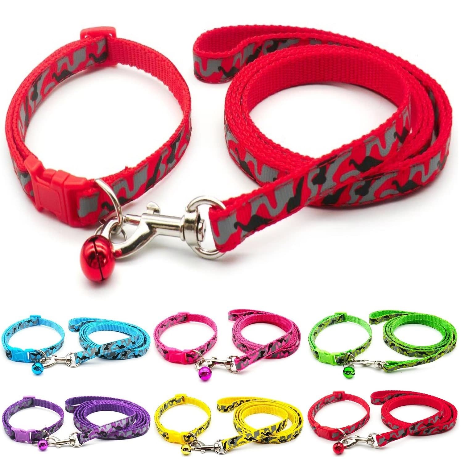 Small Dog Puppy Pet Collar and Lead Set Camo Camouflage Design Nylon Adjustable Size 19-32cm Collar with Bell and 120cm Leash Red