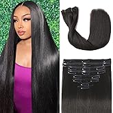 Tebelove Clip in Hair Extensions Real Human Hair, 100g/3.6oz, Clip in 100% Brazilian Remy Human Hair Extension for Women, Double Weft 8pcs Per Set with 18 Clips 1B Natural Black 16 Inch