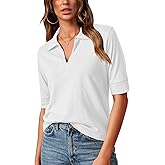 Minclouse Women's Elbow Sleeve Collared Tee Casual Relaxed Fit Tops V Neck Summer Blouse