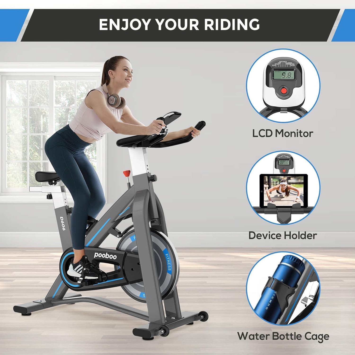 pooboo Exercise Bikes Stationary - Indoor Cycling Bike Magnetic Exercise Bike with Quiet Belt Drive and LCD Monitor, Fitness Bike for Home Cardio Workout : Sports & Outdoors