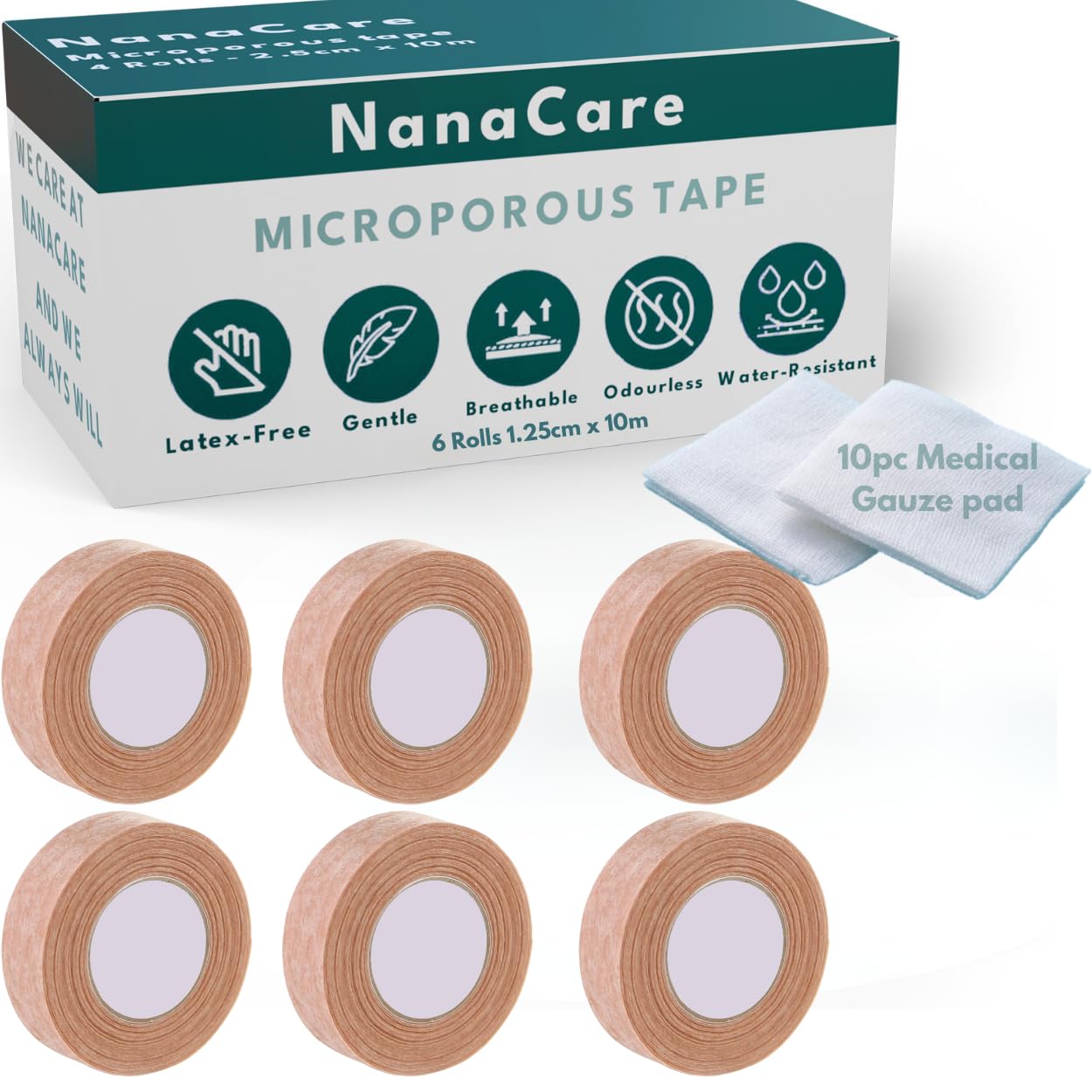 Photo 1 of Nanacare Tan Surgical Tape 0.5" x 11yd (6 Rolls) +10pc Gauze Pads | Microporous Micropore Tape | Skin Coloured Nose Tape|Medical Tape for Skin, Dressings,Face, Wound Care | First Aid Bandage Tape