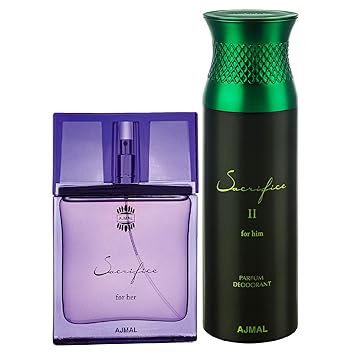 Ajmal Sacrifice for HER EDP Floral Musky Perfume 50ml for Women and Sacrifice II for Him Deodorant Fruity Aromatic Fragrance 200ml for Men+ 2 Parfum Testers FREE