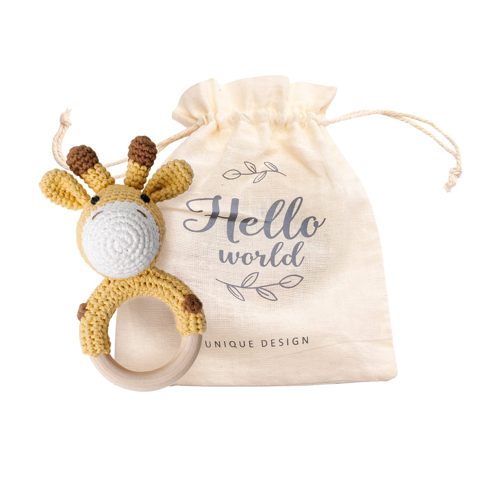 Mamimami Home Knit Baby Rattle with Wooden Teether, Baby Teething Toy Wooden Chew Toy Montessori Style Crochet Teether Ring Animal Handmade Toys for Infants, Babies