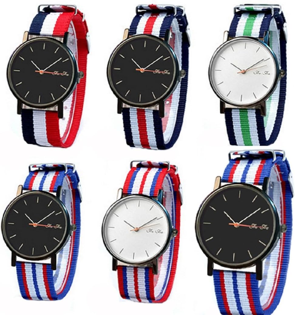 Unisex Wrist Business Dress Wrist Watch with Multi-Color Striped Nylon Band 6 Pcs Fiiliip（Mixed Color）