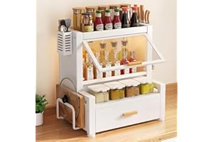 Spice Storage for Countertop 3/4-Tier Kitchen Seasoning Organizer with Drawer Flip-Up Door Freestanding Metal Pantry Cabinet 