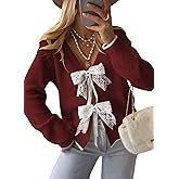 Cakulo Womens Bow Tie Sweater V Neck Cardigan Sweaters Lightweight Fall Fashion Knit Cardigans Winter Clothes 2025 Ruby XL