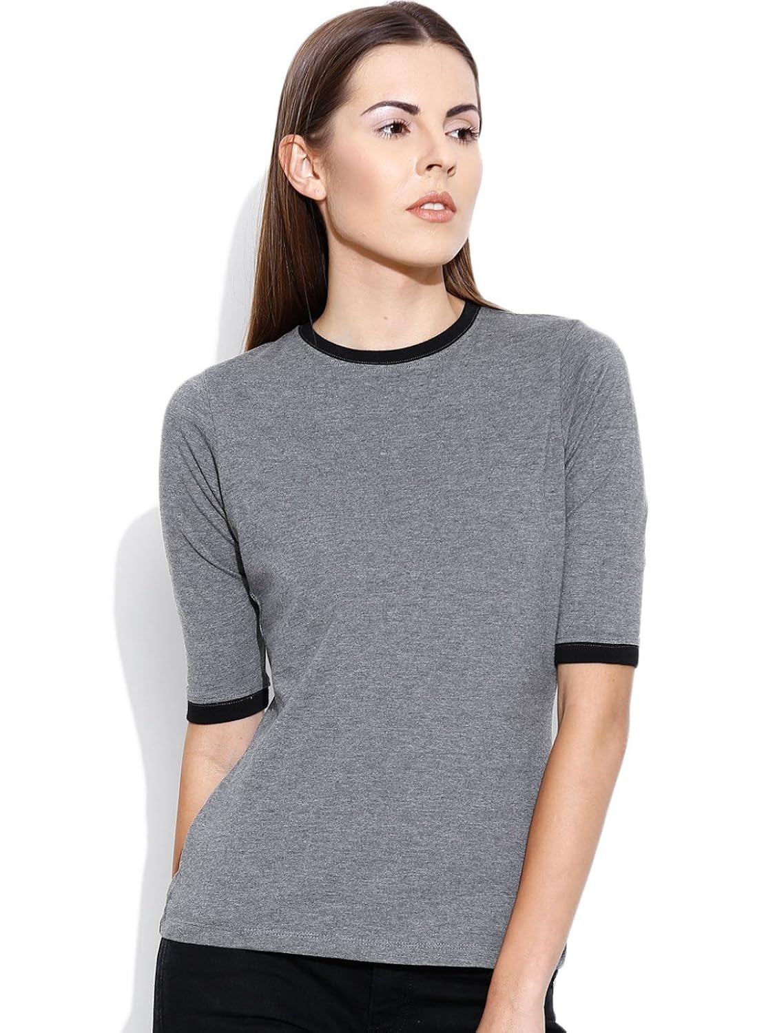 cult fiction grey melange color 3/4th sleeves round neck cotton solid tshirt for women's