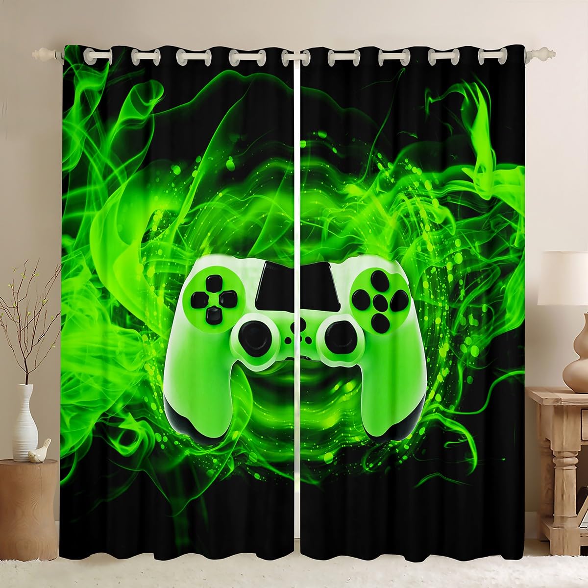 Games Curtain for Gaming Bedroom Living Room Gamer Room Curtains Kids Boys Video Game Gamepad Window Drapes Console Game Controller Curtain Green W46*L54