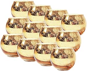 Tebery 12 Pack Round Mercury Glass Votive Candle Holders 2-Inch Gold Tealight Candle Holder for Weddings and Home Décor