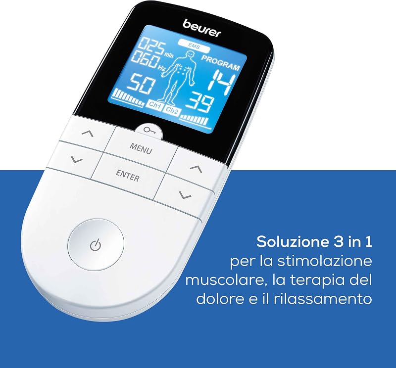 EM 49 Digital TENS/EMS, elettrostimolatore 3 in 1 per alleviare il dolore tramite elettrostimolazione nervosa, allenamento EMS, funzione massaggio, 2 canali, 6 programmi, 4 elettrodi