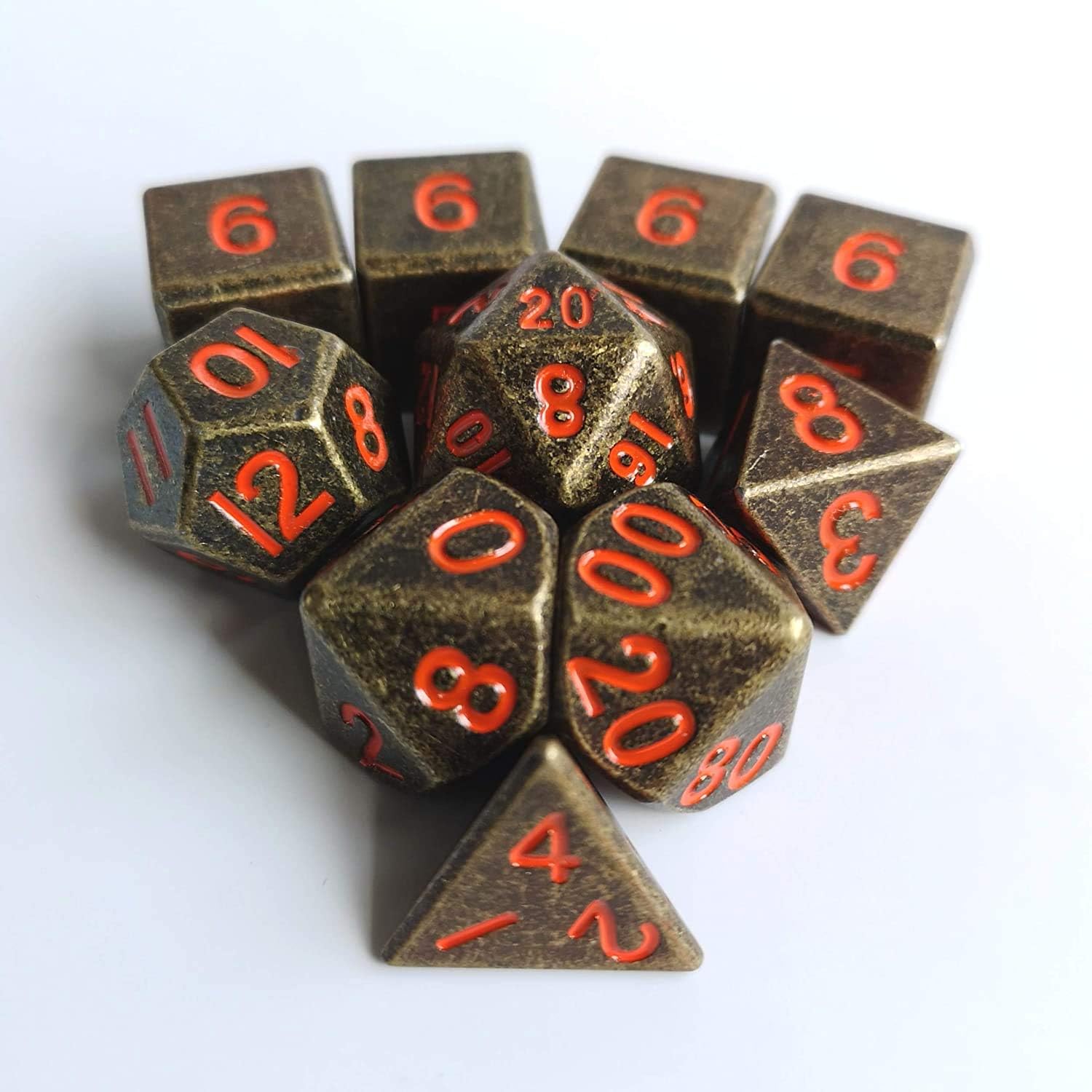 Rollooo Metal Dice Set d&d Heavy 10 Piece Standard 7 + 3 Extra D6's Antique Bronze with Bright Orange for RPG Game