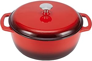 鶹 Basics Enameled Cast Iron Round Dutch Oven with Lid and Dual Handles, Heavy-Duty, 6-Quart, Red