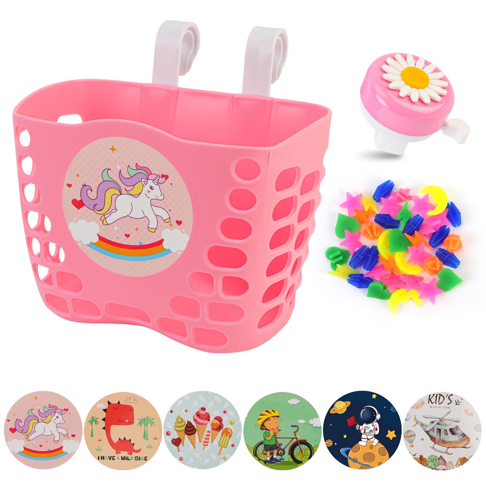 Oumers Kids Bike Basket and Bell Set, Children's Bicycle Balance Bike Decoration Accessories Wheel Spoke Beads for Girls(Random sticker style)