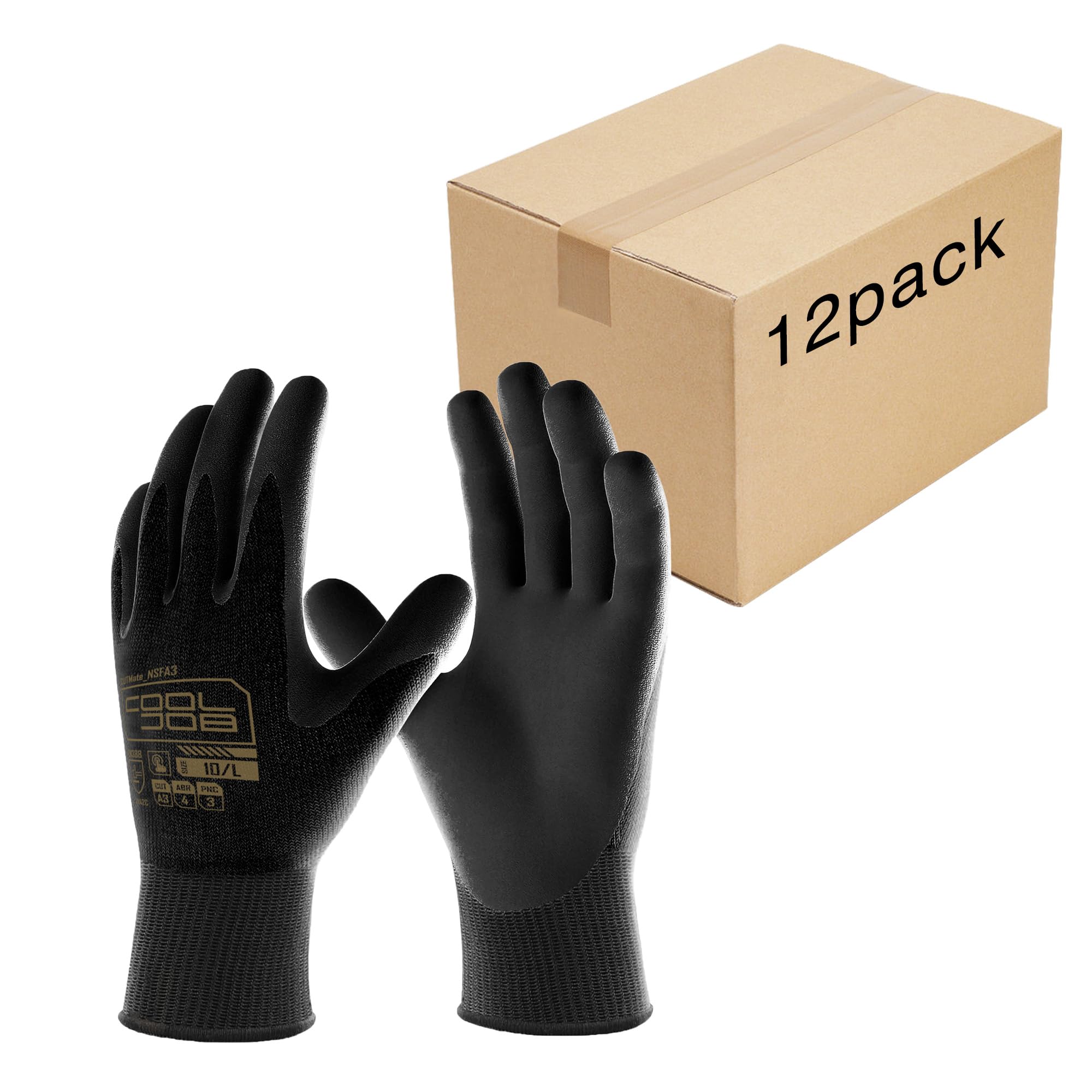 COOLJOB A3 Cut Resistant Fishing Gloves for Men, Touchscreen Safety Work Gloves with Grip Nitrile Rubber Coating for Glass Handling Wood Carving, Saltwater Fishing Gear, Black, Medium, 12 Pairs Image