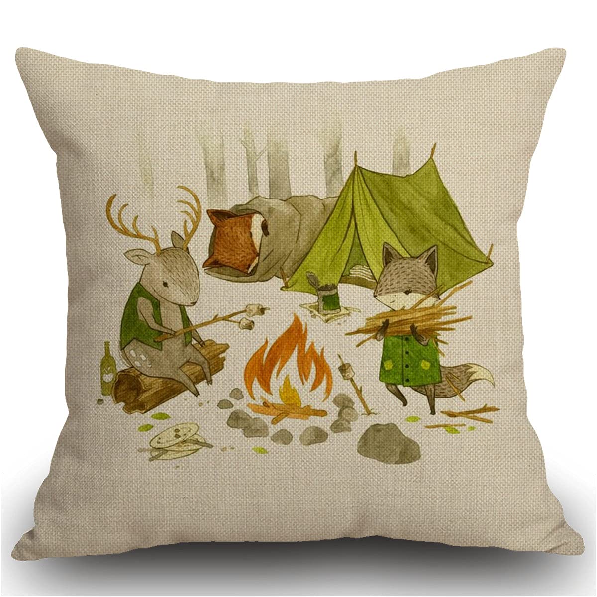 Smooffly Camping Animals Cushion Cover, Outdoor Cushion Tree Deer Fox Tent Bonfires Outdoor Adventure Throw Pillow Case Decorative for Living Room Sofa Bed,45cmx45cm 18x18 inch