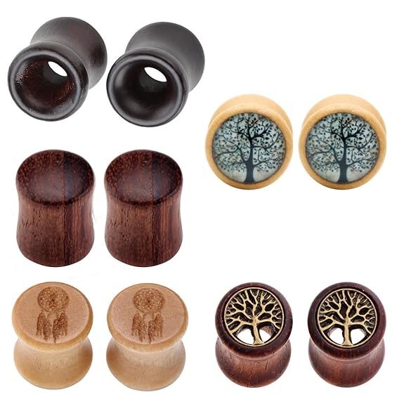 PiercingJ Holz Plug Set 5 Paare 10-20mm Double Flared Sattel Tunnel Plugs Ohrstecker Ohrpiercing Klassisch Hohl Dreamcatcher 