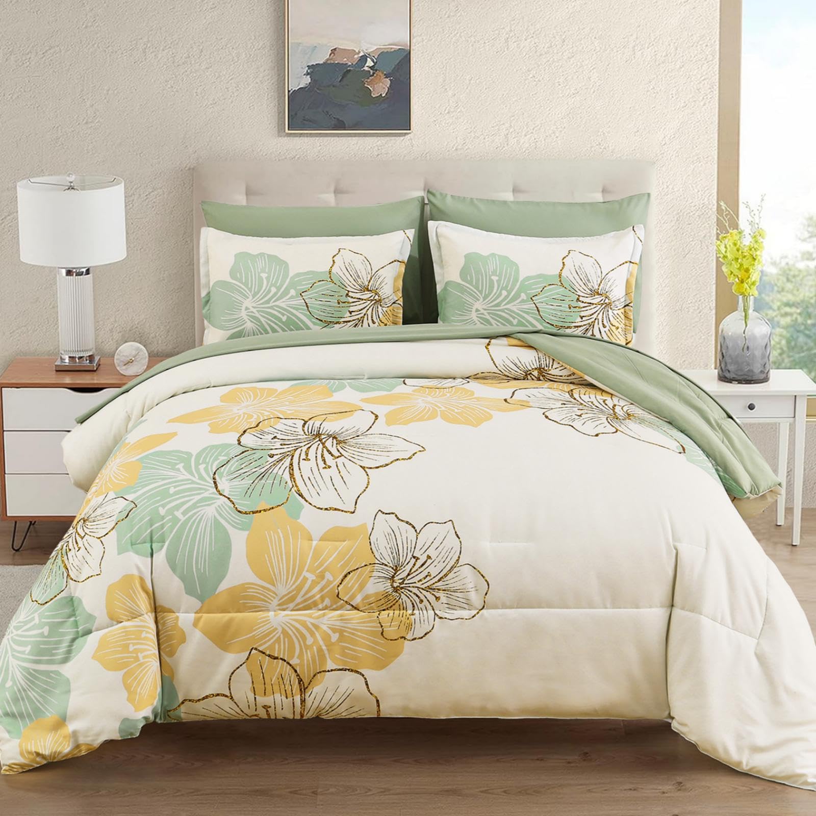 Luxudecor Sage Green Floral Comforter Set King Size, 7 Pieces Bed in a Bag Gold Glitter Metallic Comforter and Sheet Set, Soft Microfiber Complete Bedding Sets for All Seasons Image