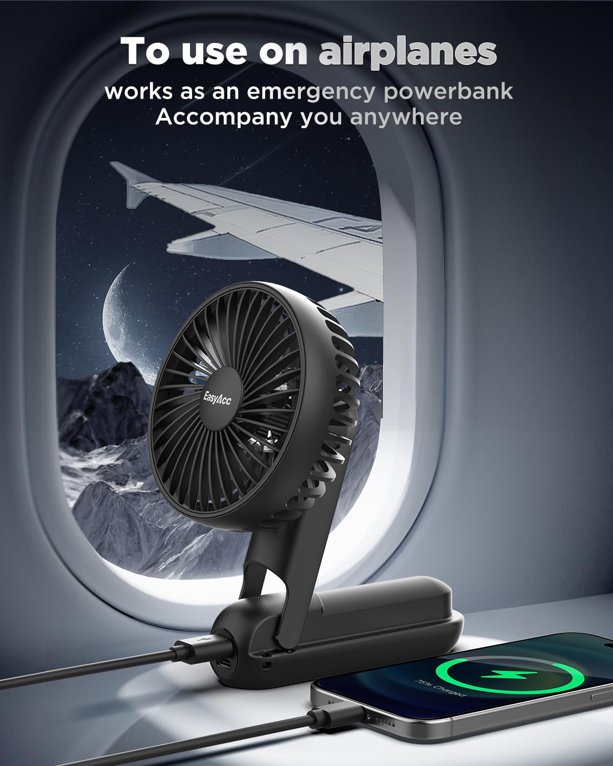 EasyAcc 3 IN 1 Handheld Fan, 5000mAh Mini Handheld Fan [Ultra Quiet Powerful]-5 Speeds/Backup Power/SOS Light/Digital Display/Lanyard- for Travel/Cruise/Summer/Concerts/Lash Black