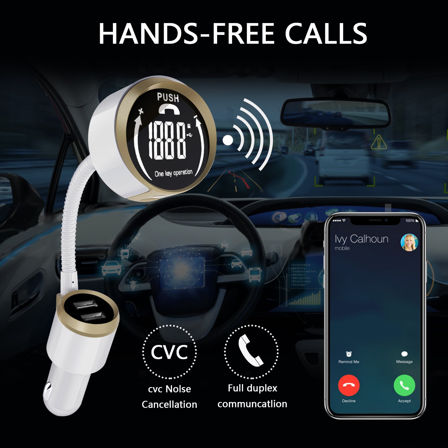 Car Bluetooth FM Transmitter, Simr Wireless Radio Adapter [One-Key Design] In-Car Hands-free Car Kit, Dual USB Car Charger, 12V 1.4 inch LCD Display AUX Output, Support TF Card U Disk Audio MP3 Player