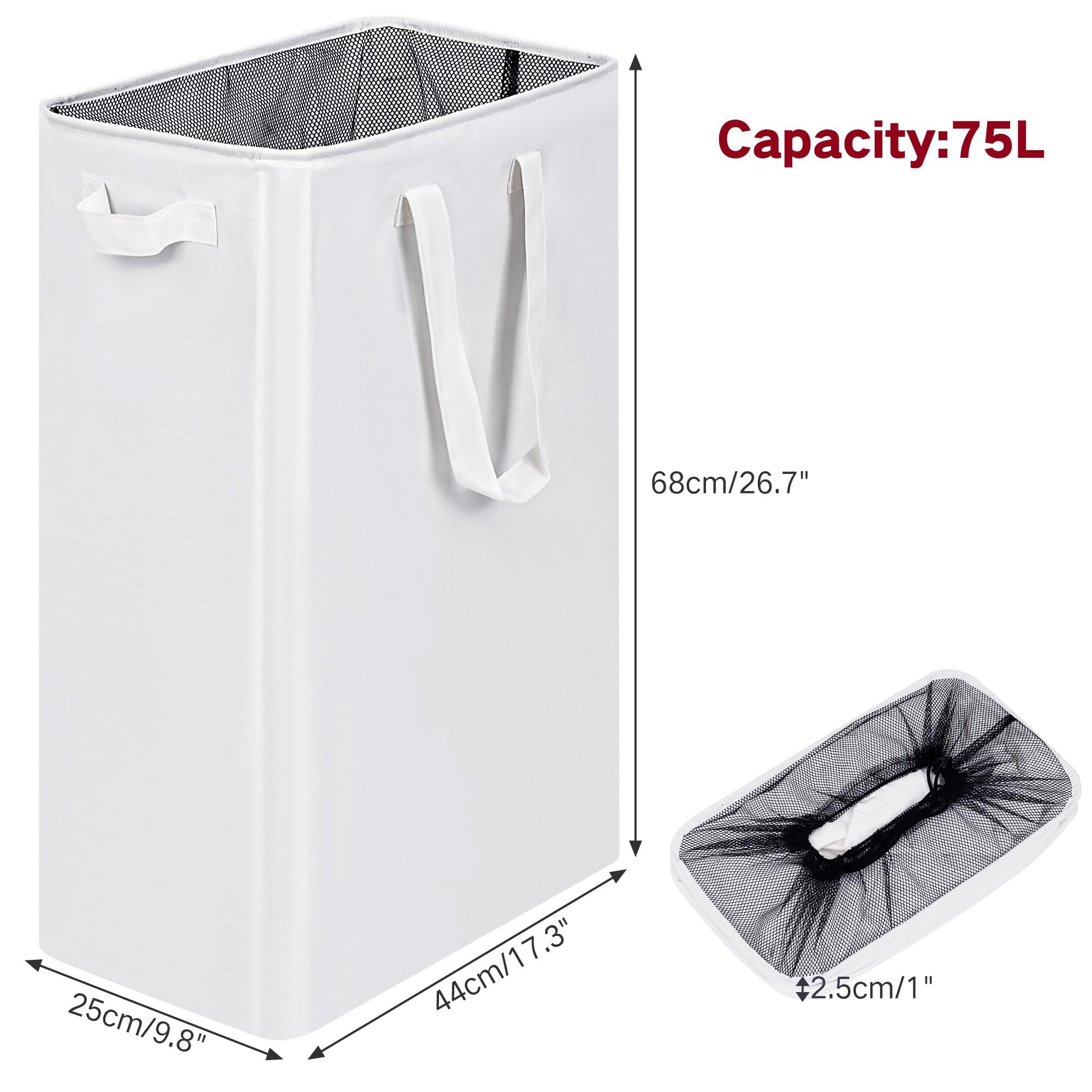 Condition photo showing As Is for efluky slim laundry basket, narrow laundry hamper with handles, collapsible dirty clothes hamper, tall laundry bin for laundry room, dorm and bedroom, 12.7 gallons(75l) white