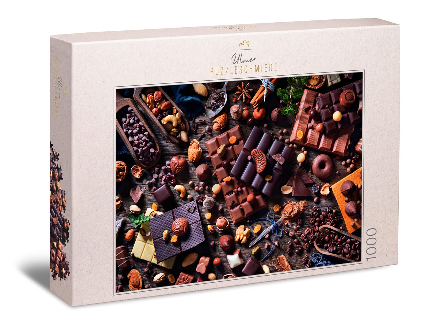Ulmer Puzzleschmiede - Puzzle "Sweet Temptation" - Classic 1000 piece puzzle - nuts, chocolates and chocolate as a contemporary puzzle motif for connoisseurs