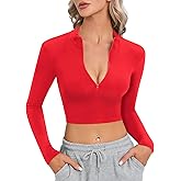 CLOZOZ Long Sleeve Crop Tops for Women Mock Turtleneck Zip Up Sexy Fitted Cropped Shirts Trendy