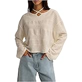 Floerns Women's Long Sleeve T Shirts Textured Knit Criss Cross Halter Neck Dressy Casual Fall Tops