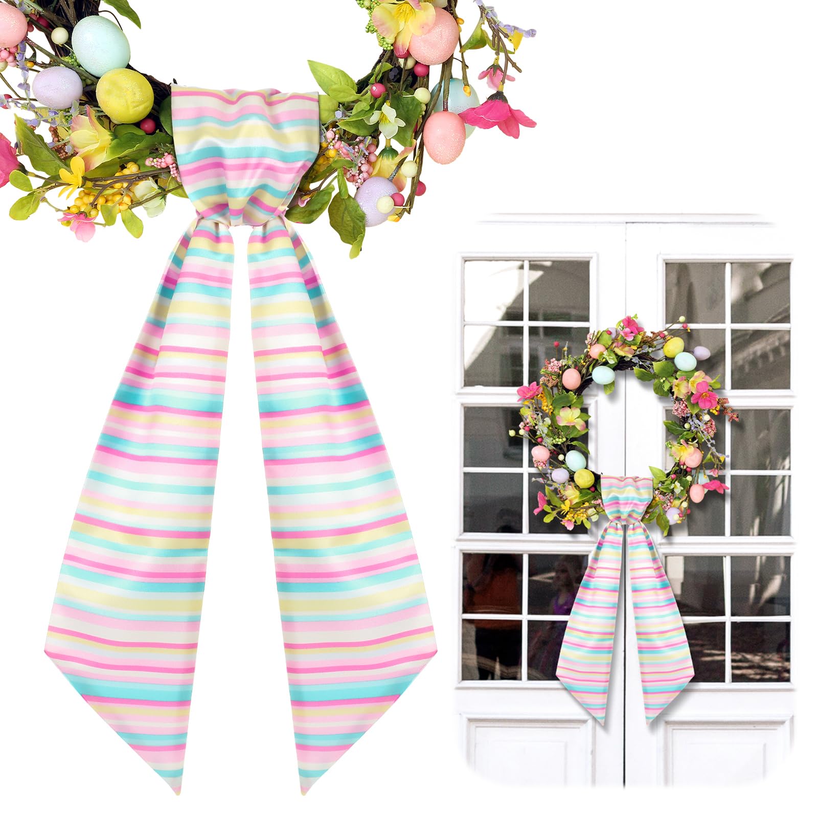 Photo 1 of VitalCozy Wreath Sash for Front Door Wreath Satin Sash for Embroidery Monogram Garland Ribbon Accessories Xmas Party Yard Doorway Indoor Outdoor Wall(Colorful Stripe)