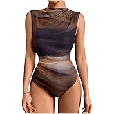 WDIRARA Women's Tie-Dye Cowl Neck Sleeveless Ruched Mesh Slim Fit Bodysuit
