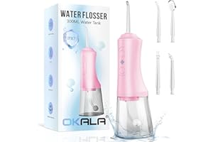 OKALA Water Dental Flosser - Portable Cordless Oral Irrigator 300ML, Rechargeable IPX7 Waterproof Irrigation Cleaner for Teeth Cleaning & Flossing, Travel & Home Use (Pink)