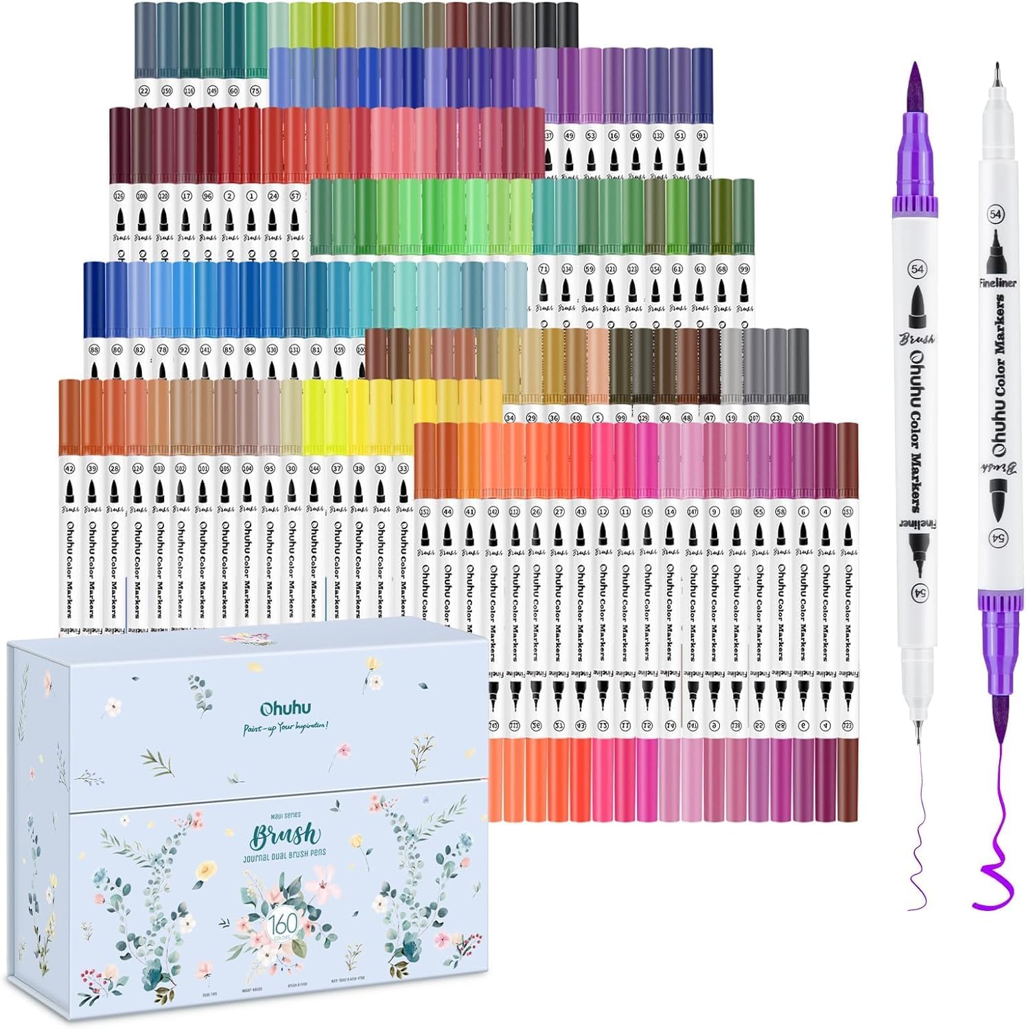 Ohuhu Colouring Pens: 160 Colours Colouring Markers with Dual Tips Fine & Brush Pens Water-Based Art Markers for Adults Drawing Sketching Journal - Maui - White Package
