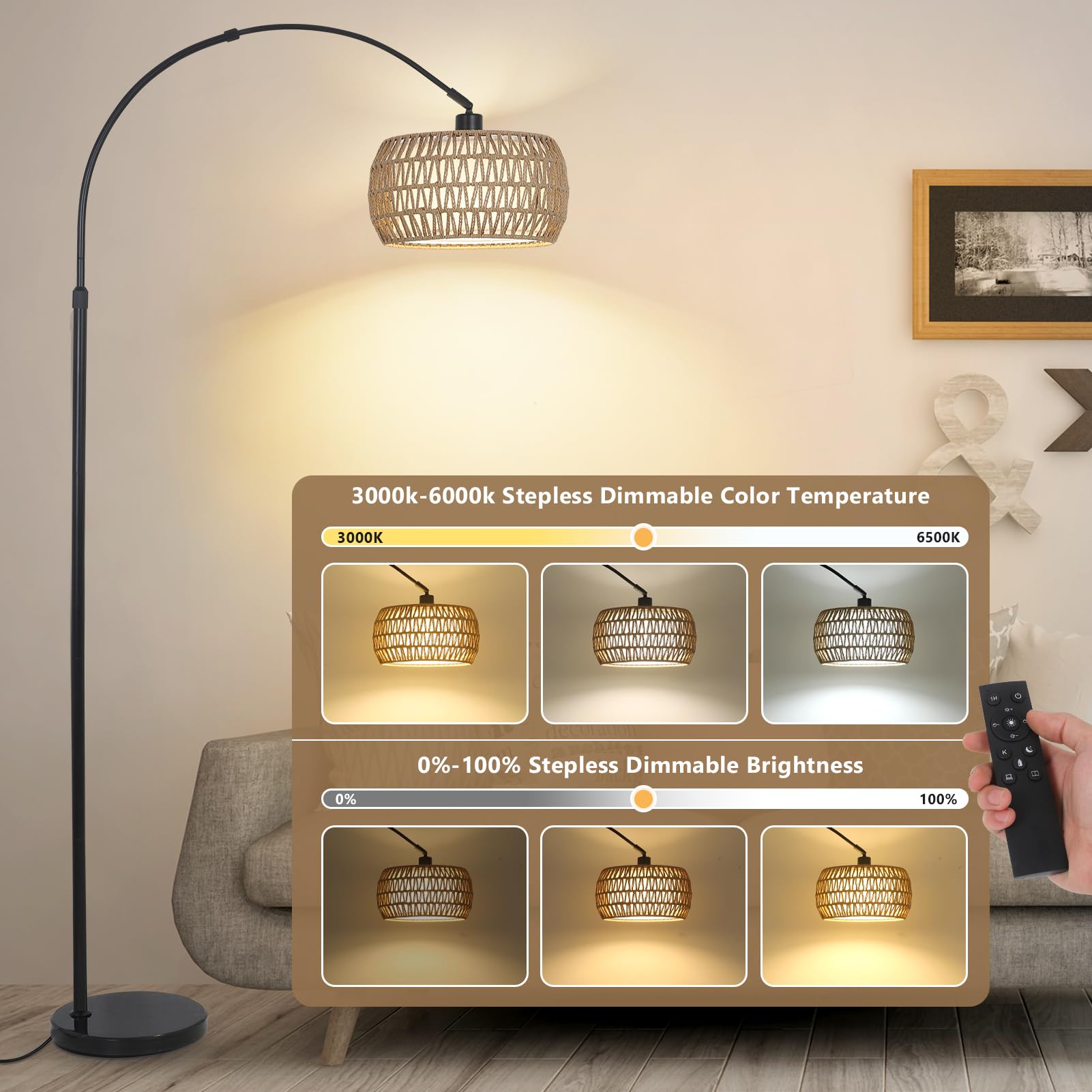 Arc Floor Lamps for Living Room with 3 Color Temperatures, Black Standing Lamp with Remote & Dimmable LED Bulb, Rattan Boho Floor Lamp, Farmhouse Tall Lamp for Bedroom, Over Couch Arched Reading Light