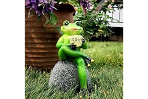 OwMell Frog Statue for Garden, Drinking Coffee Green Frog Figurine for Outdoor Decor Yard and Garden Decoration Resin Sculpture 6 Inches