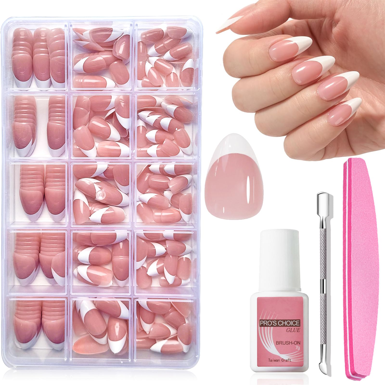 French Tip False Nails - Short Almond Nail Tips for Gel Extensions -15Size Fake Nails French Tip Nude Color Glossy Full Cover Press on Nails Fake Nails for Nail Art DIY 240Pcs
