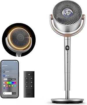 DREO Smart Standventilator mit RGB Light, 120° +120° Oszillierender Ventilator mit Fernbedienung, 20dB Leiser Bodenventilator für Schlafzimmer, 8H Timer, Silber