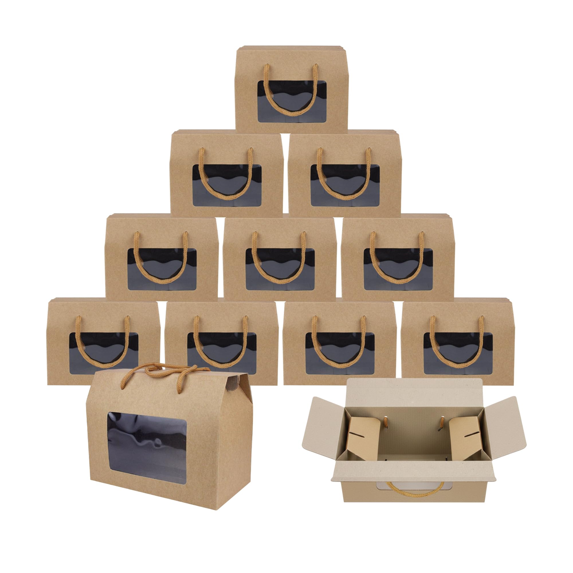 Emartbuy Brown Kraft Gift Boxes with Clear Window & Handle – Size 2 (20 × 15 × 11 cm) – Large Eco Friendly Hamper Boxes for Cookies & Cakes – Pack of 24