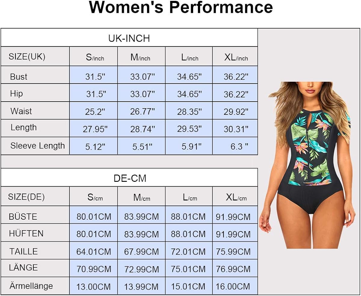Viottiset Womens Floral Zip Up Short Sleeve Pad One Piece Swimsuit Rash Guard Surf Suit Rash Guards Swimwear